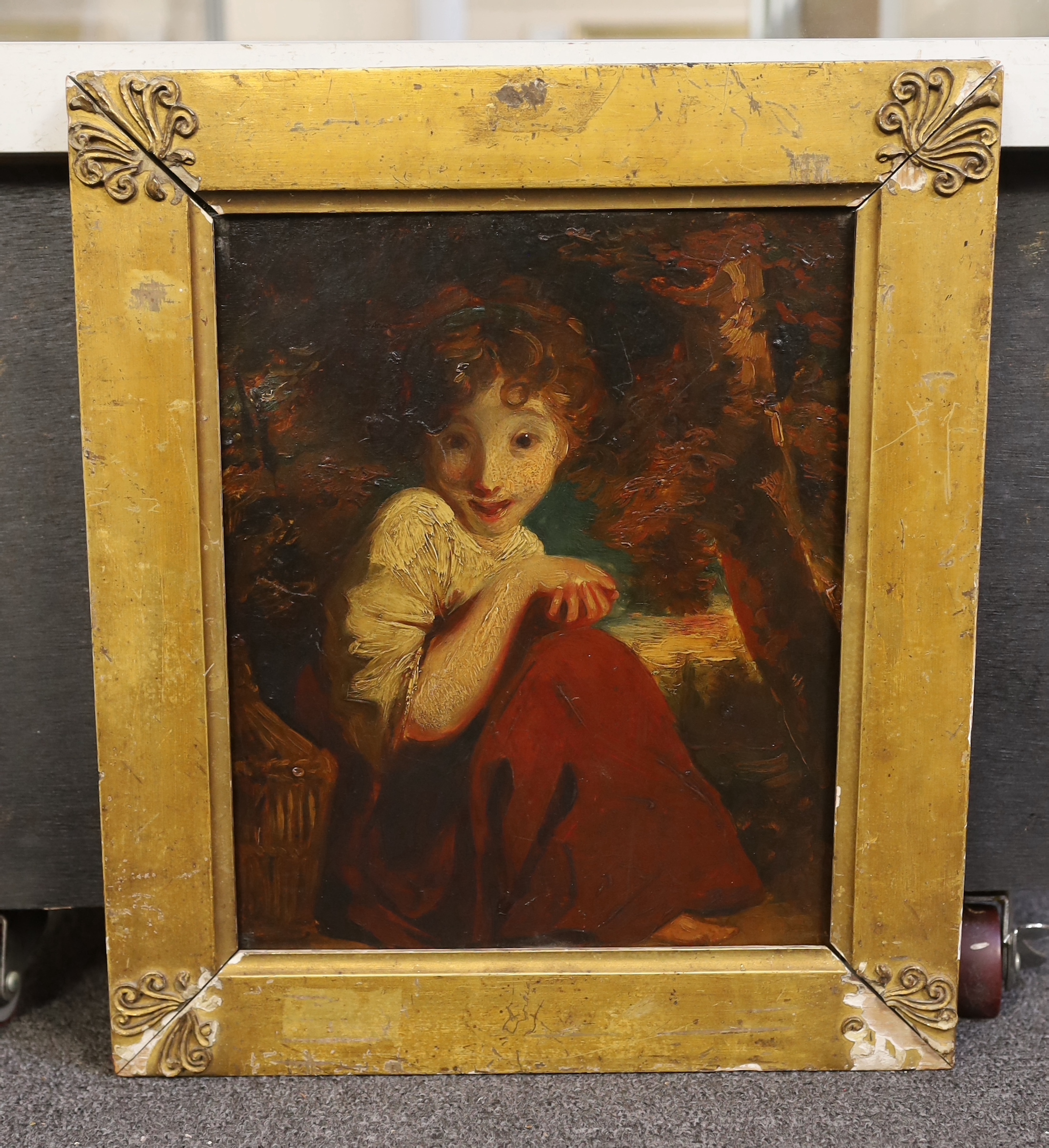 After Sir Joshua Reynolds P.R.A. (British, 1723-1792), Girl with a bird, oil on mahogany panel, 30.5 x 25cm